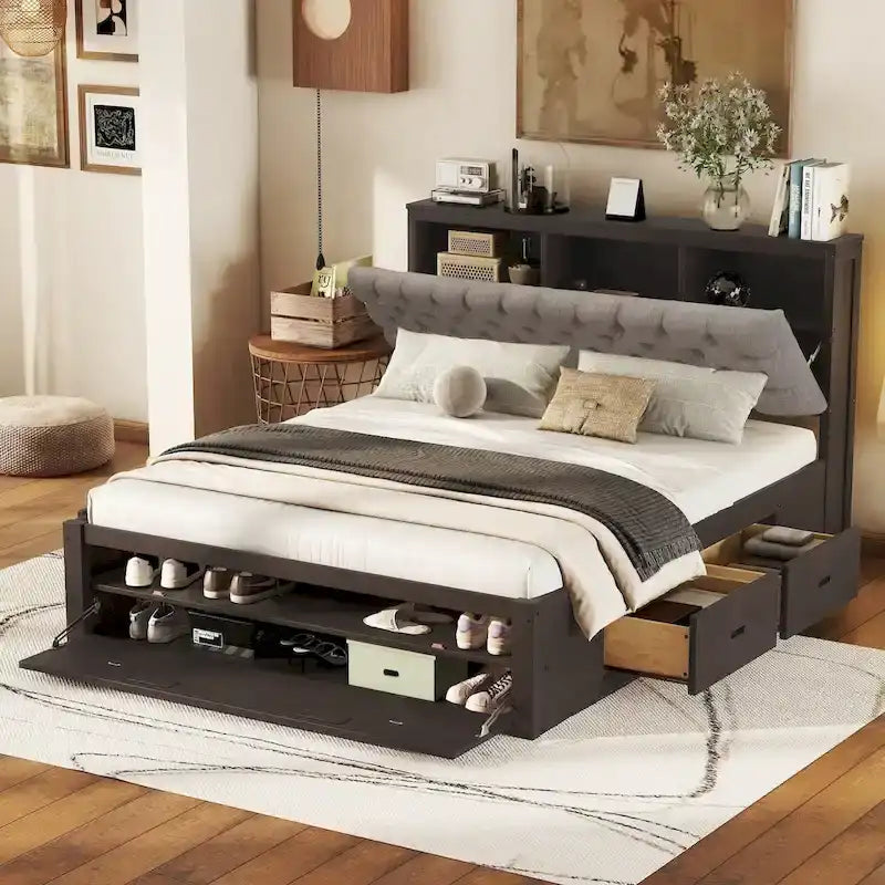 Lit plateforme en bois avec tête de lit de rangement, range-chaussures et
