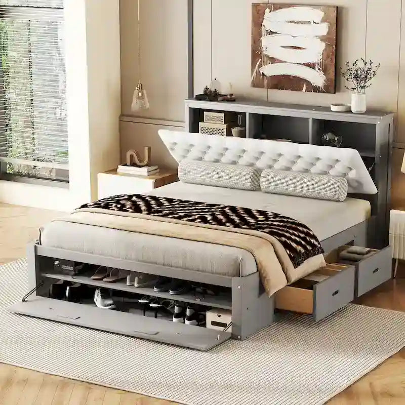 Lit plateforme en bois avec tête de lit de rangement, range-chaussures et