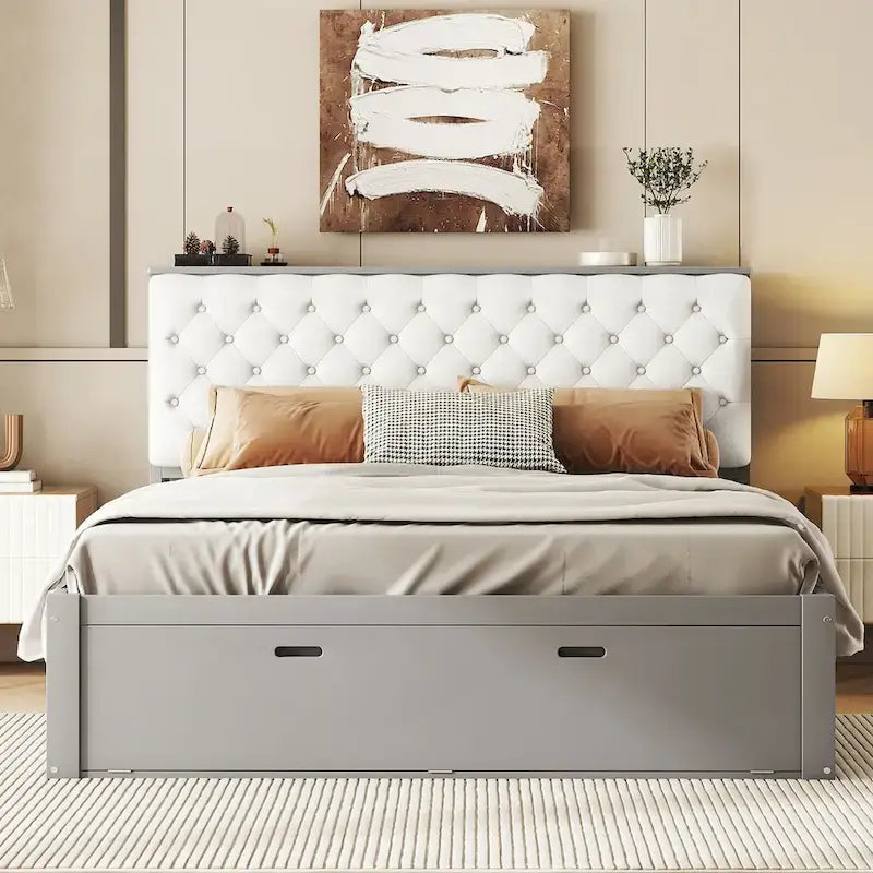 Lit plateforme en bois avec tête de lit de rangement, range-chaussures et