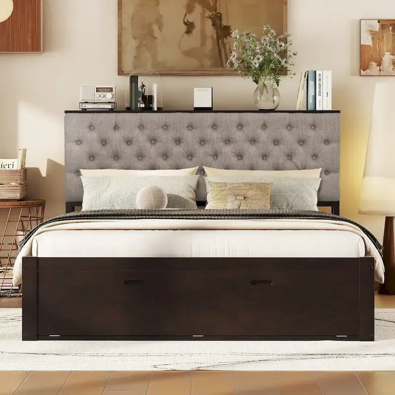 Lit plateforme en bois avec tête de lit de rangement, range-chaussures et