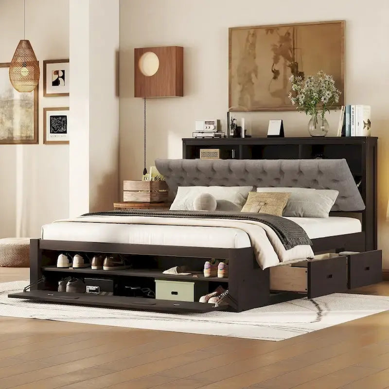 Lit plateforme en bois avec tête de lit de rangement, range-chaussures et