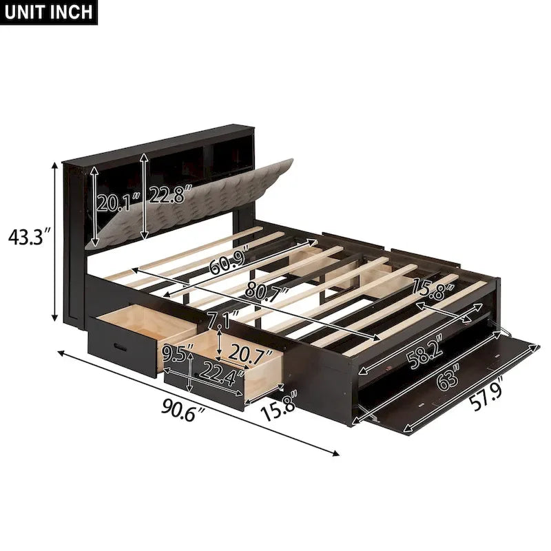 Lit plateforme en bois avec tête de lit de rangement, range-chaussures et