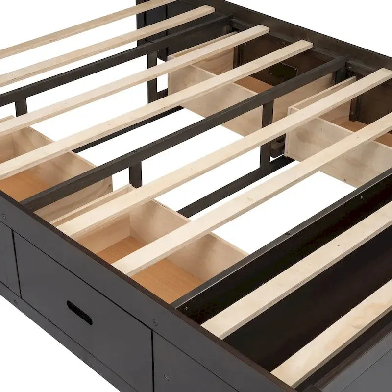 Lit plateforme en bois avec tête de lit de rangement, range-chaussures et