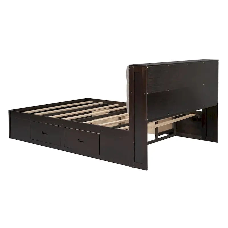 Lit plateforme en bois avec tête de lit de rangement, range-chaussures et