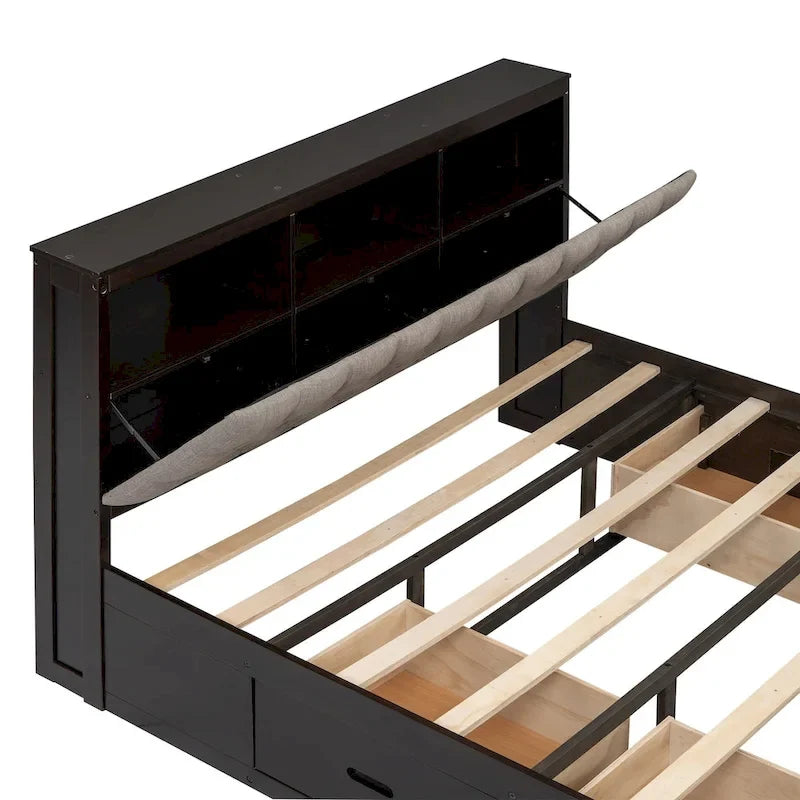 Lit plateforme en bois avec tête de lit de rangement, range-chaussures et