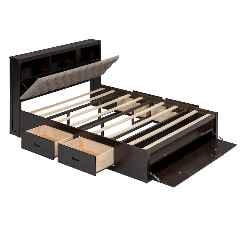 Lit plateforme en bois avec tête de lit de rangement, range-chaussures et