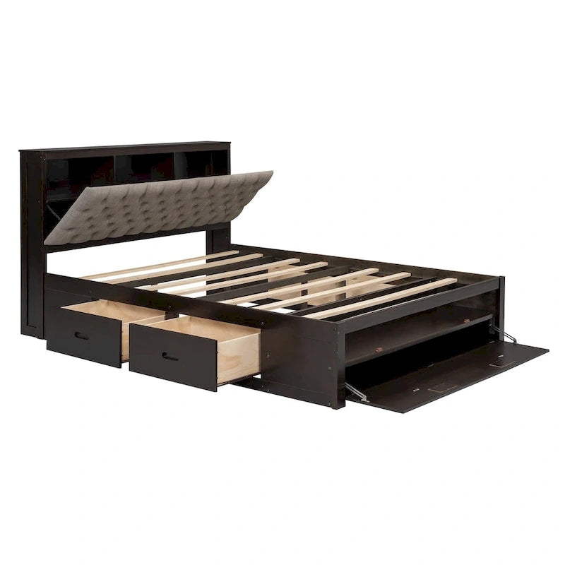 Lit plateforme en bois avec tête de lit de rangement, range-chaussures et