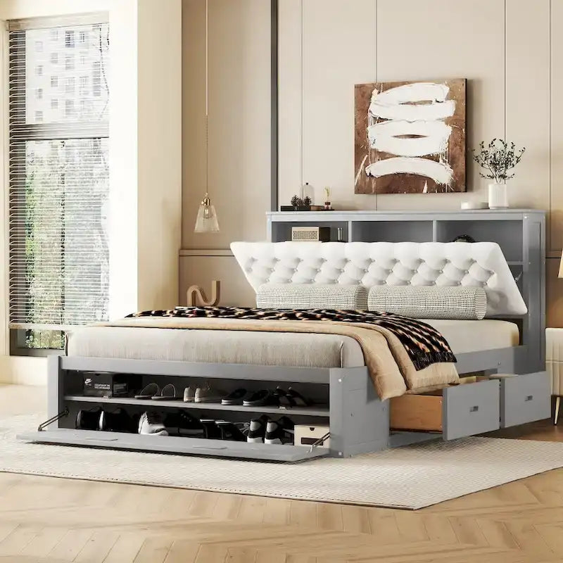 Lit plateforme en bois avec tête de lit de rangement, range-chaussures et