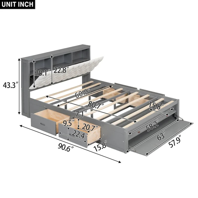 Lit plateforme en bois avec tête de lit de rangement, range-chaussures et