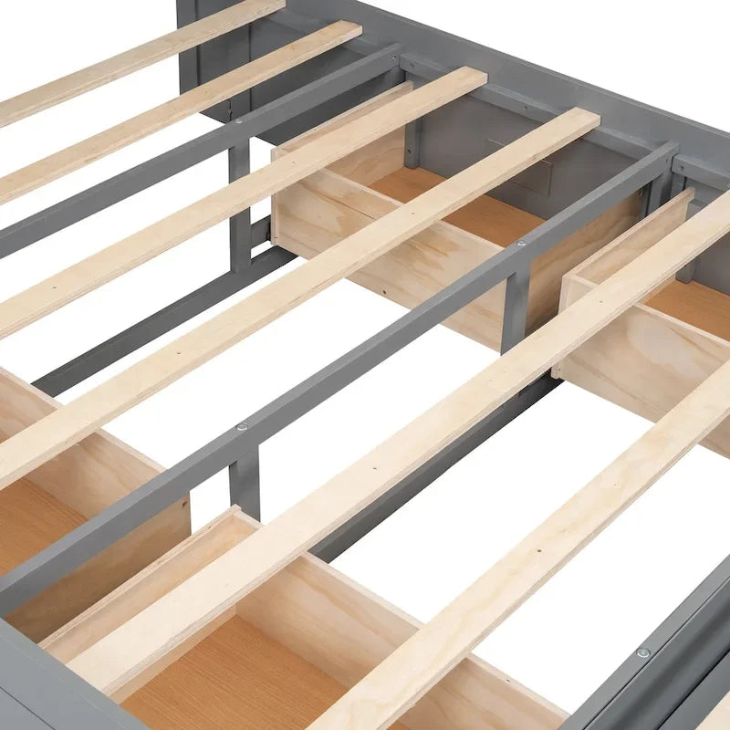 Lit plateforme en bois avec tête de lit de rangement, range-chaussures et