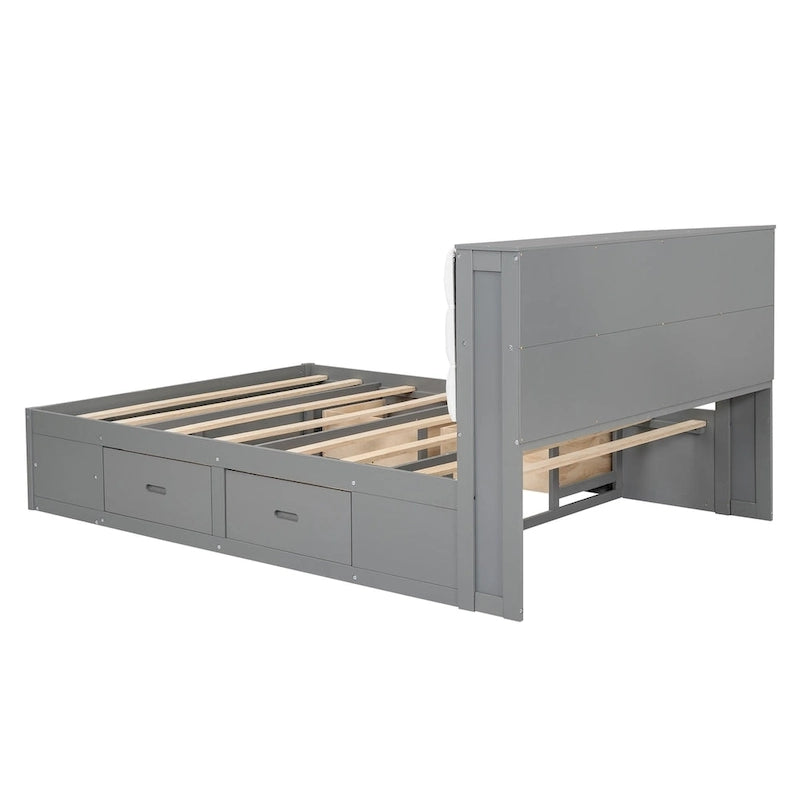 Lit plateforme en bois avec tête de lit de rangement, range-chaussures et