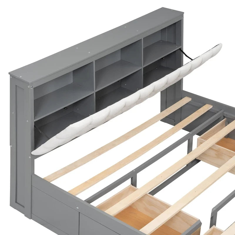 Lit plateforme en bois avec tête de lit de rangement, range-chaussures et