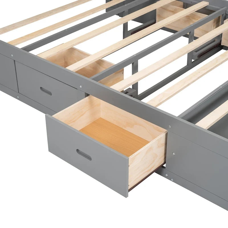 Lit plateforme en bois avec tête de lit de rangement, range-chaussures et