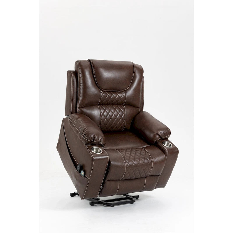 Fauteuil inclinable releveur électrique en cuir marron, massage multifonction
