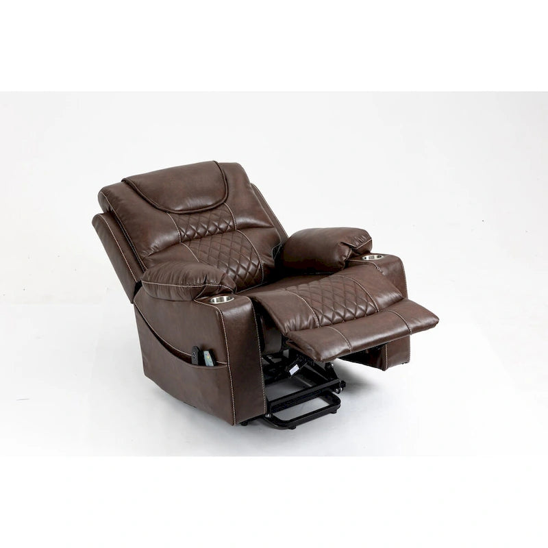 Fauteuil inclinable releveur électrique en cuir marron, massage multifonction