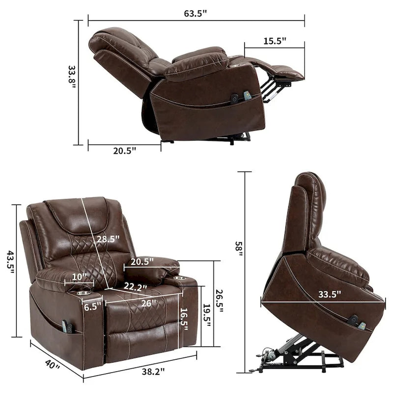 Fauteuil inclinable releveur électrique en cuir marron, massage multifonction