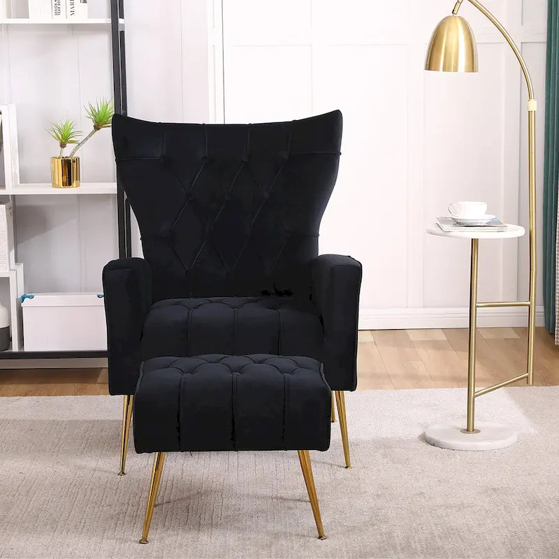 Fauteuil à oreilles tapissé avec pouf