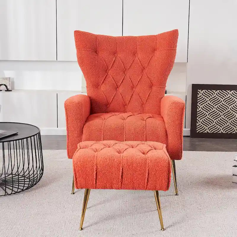Fauteuil à oreilles tapissé avec pouf