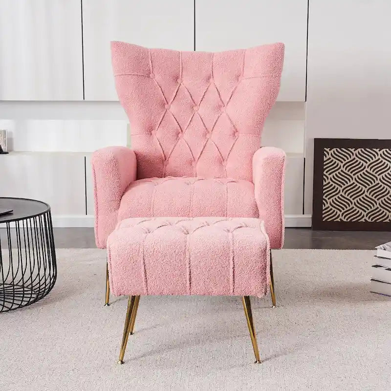 Fauteuil à oreilles tapissé avec pouf
