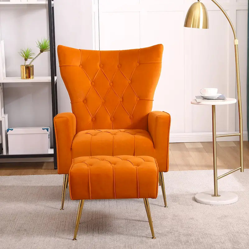 Fauteuil à oreilles tapissé avec pouf
