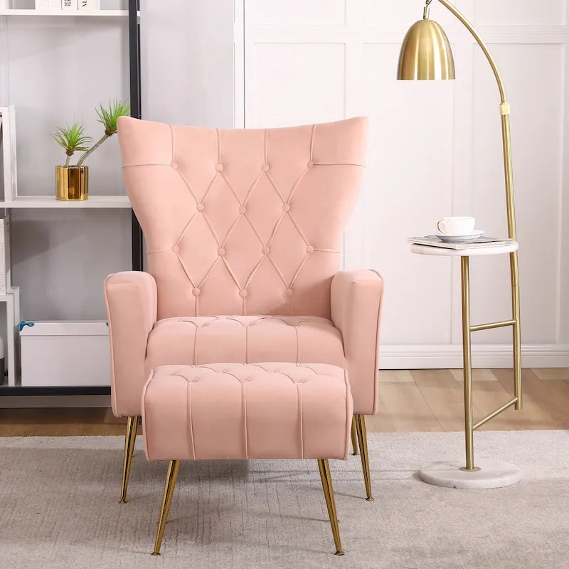 Fauteuil à oreilles tapissé avec pouf