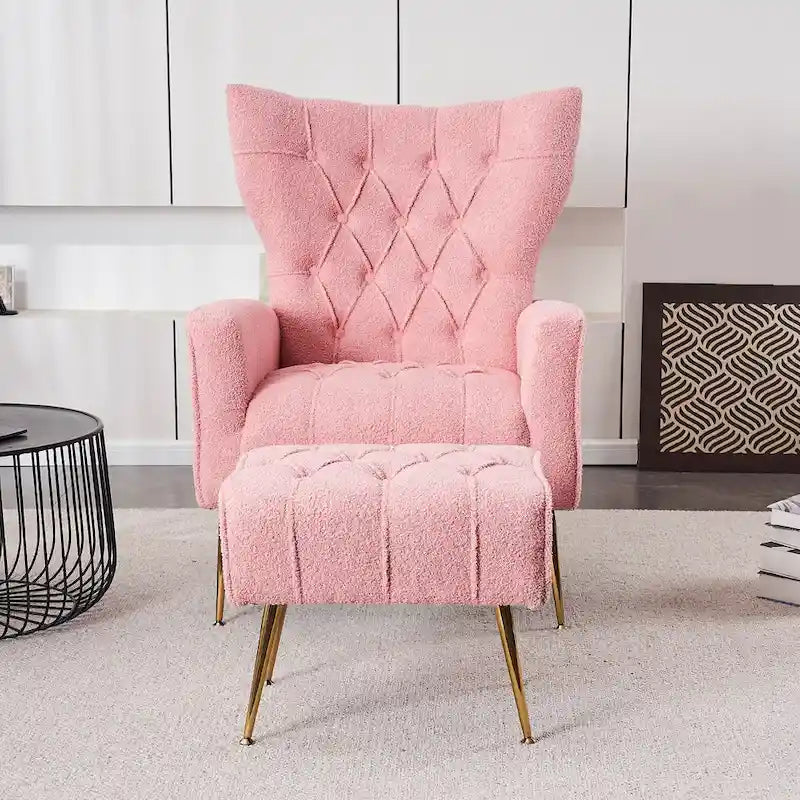 Fauteuil à oreilles tapissé avec pouf