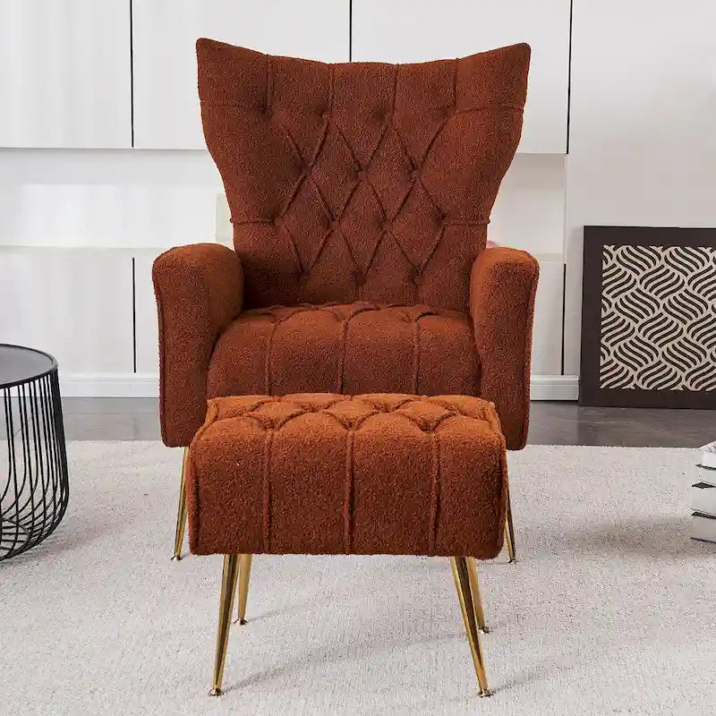Fauteuil à oreilles tapissé avec pouf