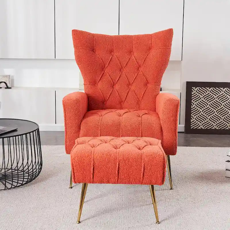 Fauteuil à oreilles tapissé avec pouf