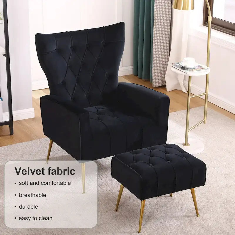 Fauteuil à oreilles tapissé avec pouf