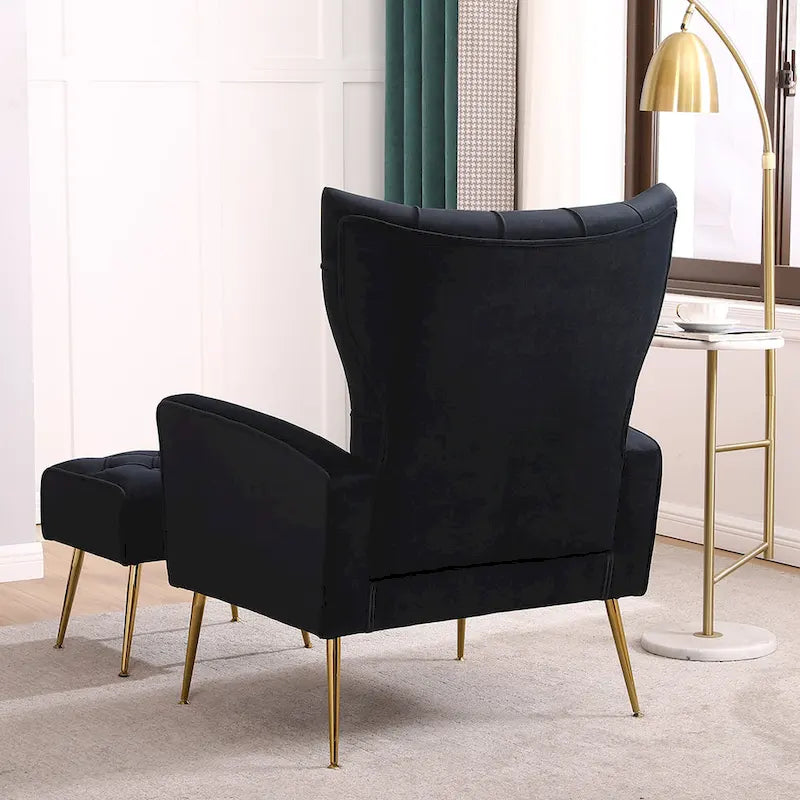 Fauteuil à oreilles tapissé avec pouf