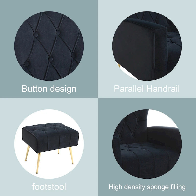 Fauteuil à oreilles tapissé avec pouf