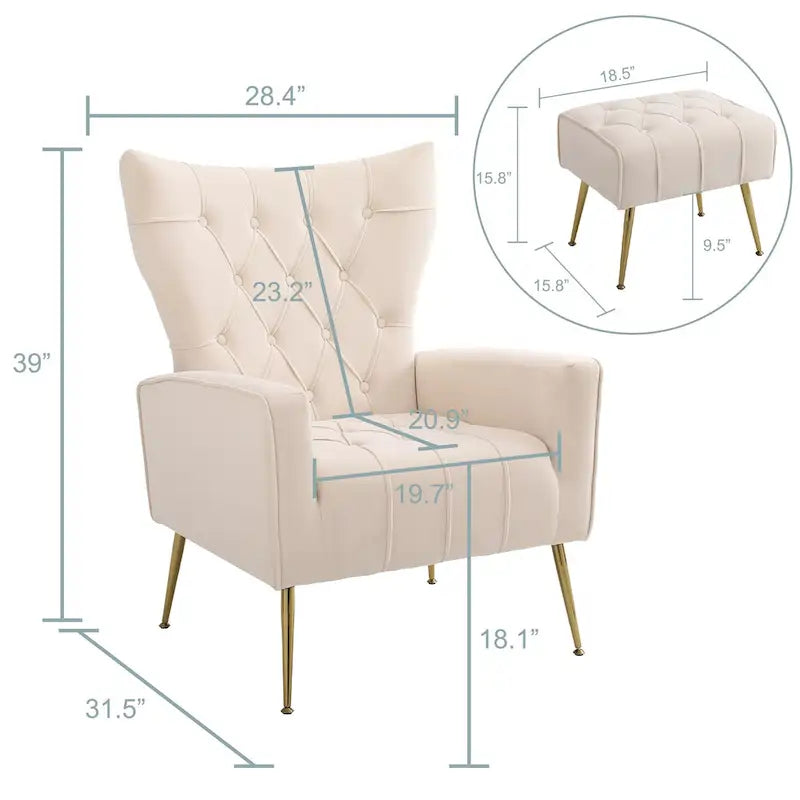 Fauteuil à oreilles tapissé avec pouf