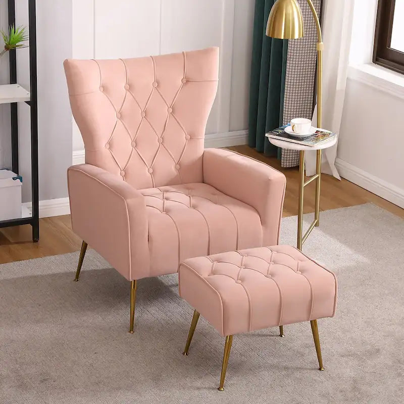 Fauteuil à oreilles tapissé avec pouf