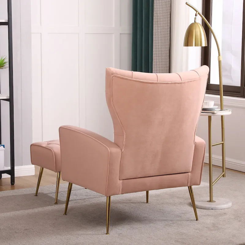 Fauteuil à oreilles tapissé avec pouf