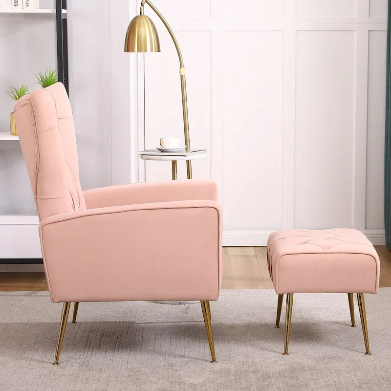 Fauteuil à oreilles tapissé avec pouf