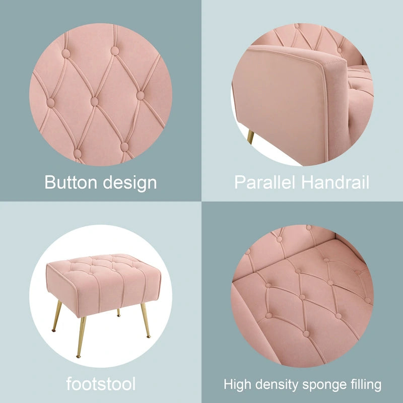 Fauteuil à oreilles tapissé avec pouf
