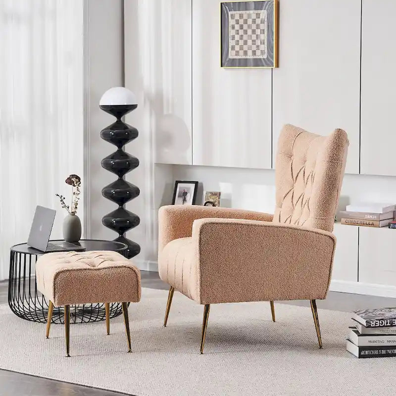 Fauteuil à oreilles tapissé avec pouf