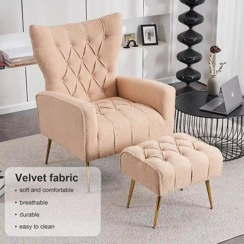 Fauteuil à oreilles tapissé avec pouf