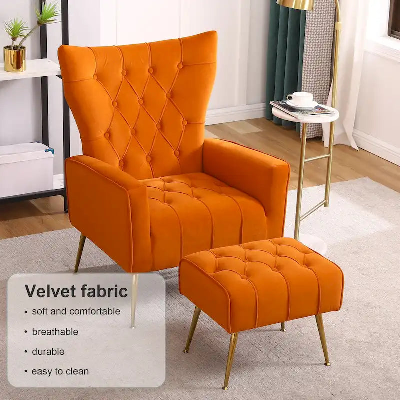 Fauteuil à oreilles tapissé avec pouf