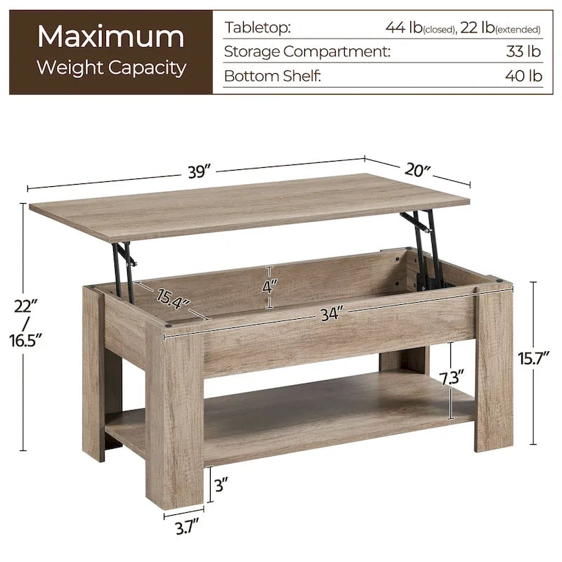 Table basse relevable avec étagère pour salon