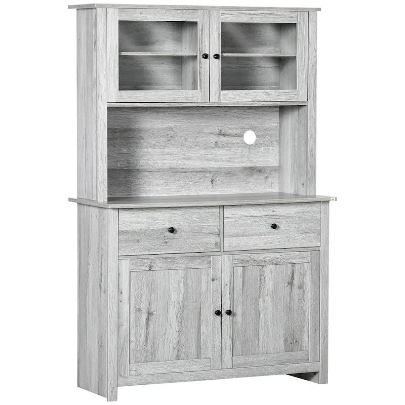 Kitchen Buffet with Hutch, Pantry Storage Cabinet with 4 Shelves, Drawers, Framed Glass Doors, Open Microwave Countertop